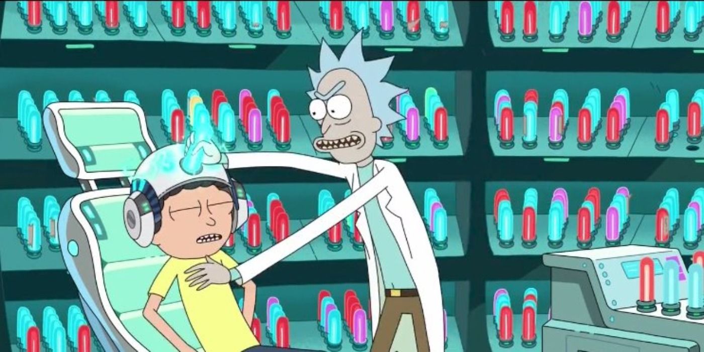 Rick putting one of Morty's Mind Blowers into the helmet in Rick and Morty