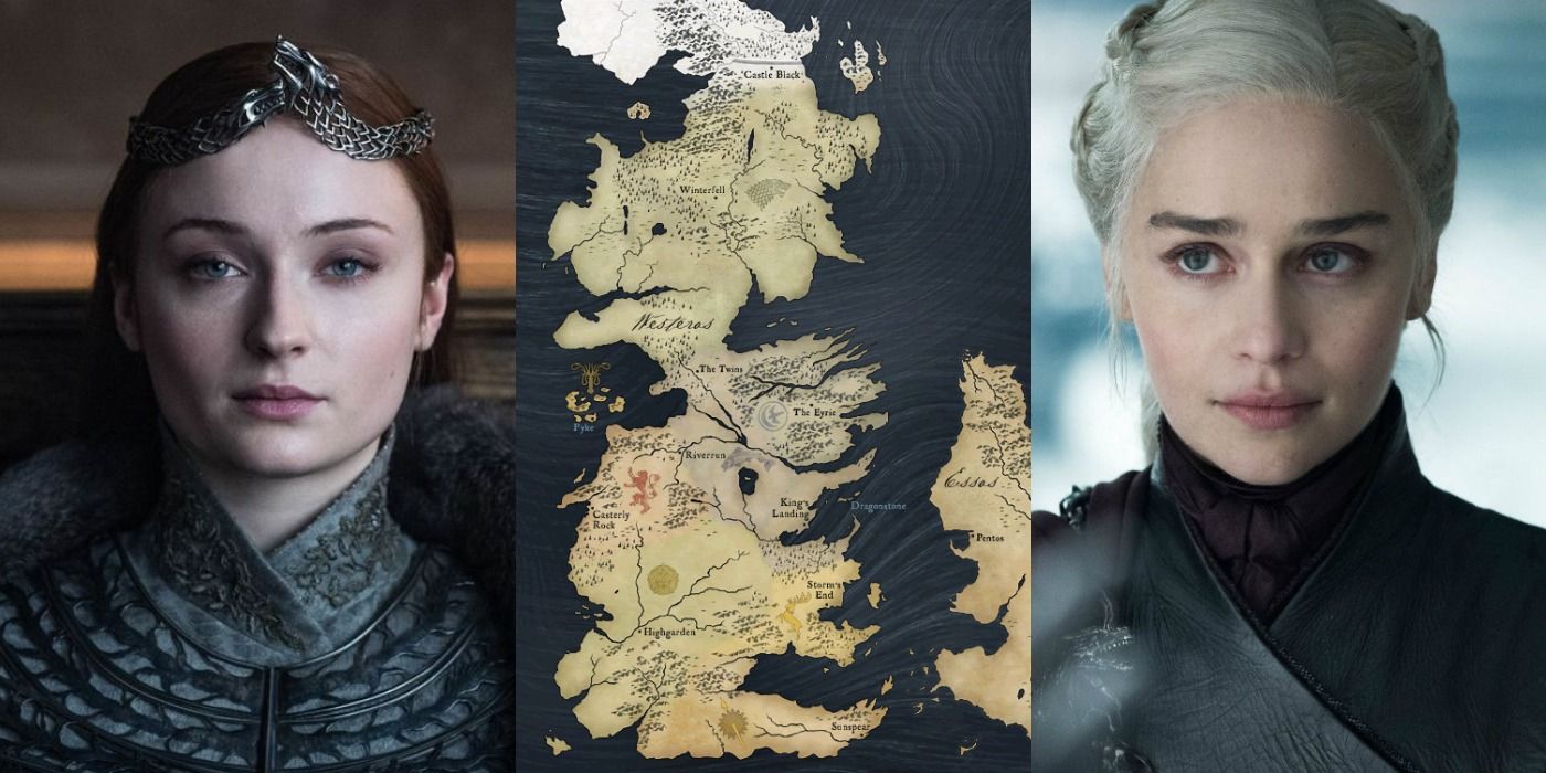 Split image of Sansa Stark, a map of Westeros, and Daenerys Targaryen in Game of Thrones
