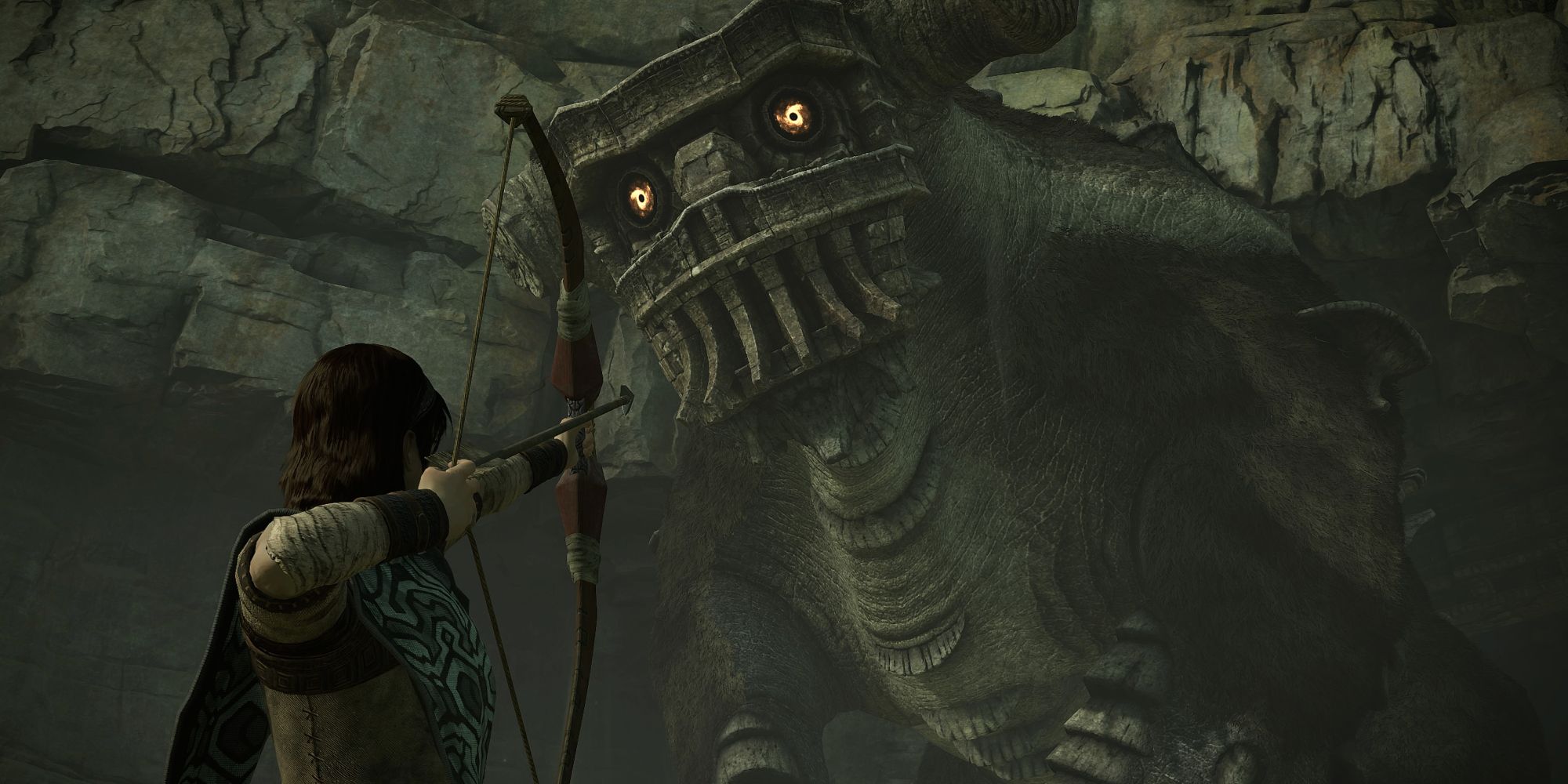 A character prepares to fire an arrow at a colossus in Shadow of the Colossus 