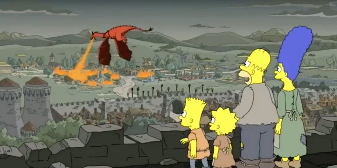 The Simpsons family watches the town getting flamed by a dragon