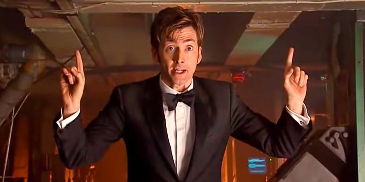 The Tenth Doctor pointing up and looking surprised in Doctor Who