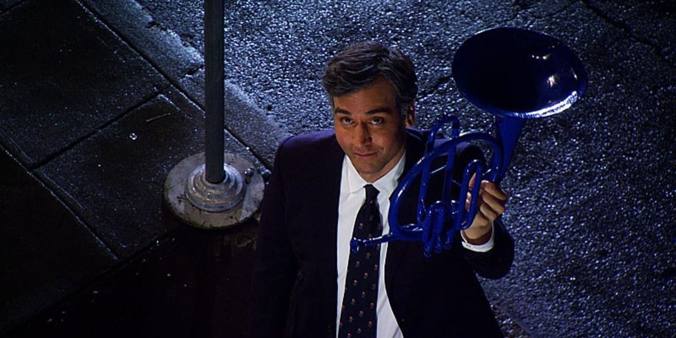 Ted holds the blue French horn up to Robin in How I Met Your Mother