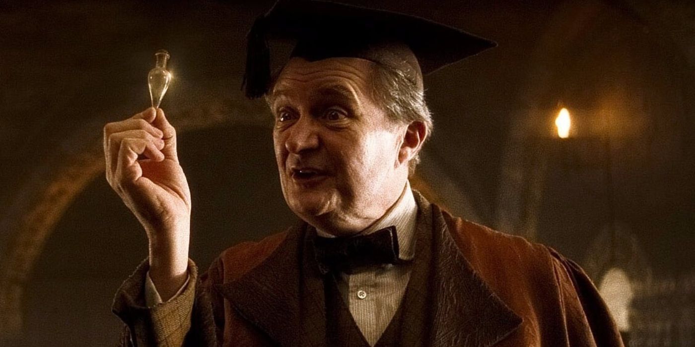 Horace Slughorn holds liquid luck in Harry Potter & The Half-Blood Prince