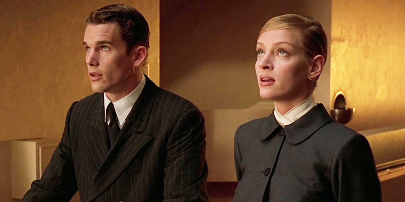 Vincent (Ethan Hawke) and Irene (Uma Thurman) looking up during a meeting in Gattaca