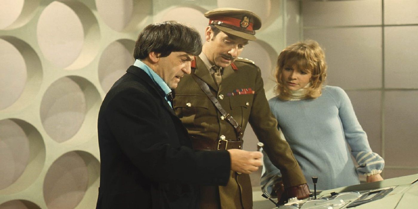The Brigadier joins the Second Doctor and Jo Grant in the TARDIS.