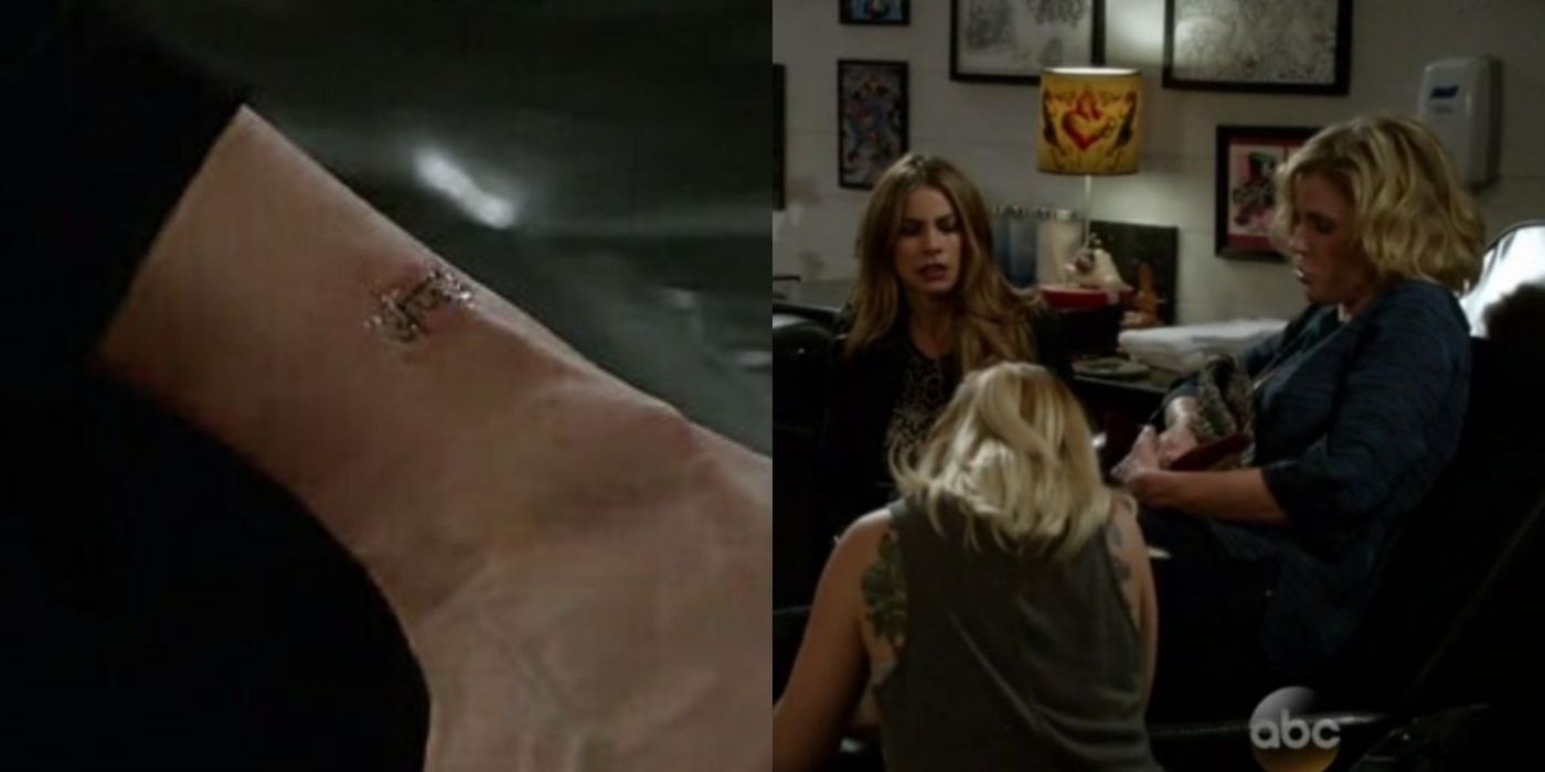 A split image of Claire getting a tattoo in Modern Family