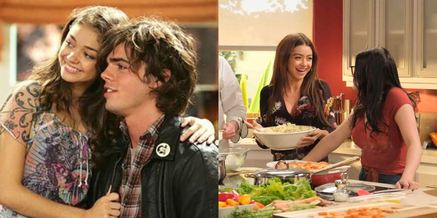 A split image of Dylan and Haley smiling together and Alex and Haley talking in the kitchen in Modern Family