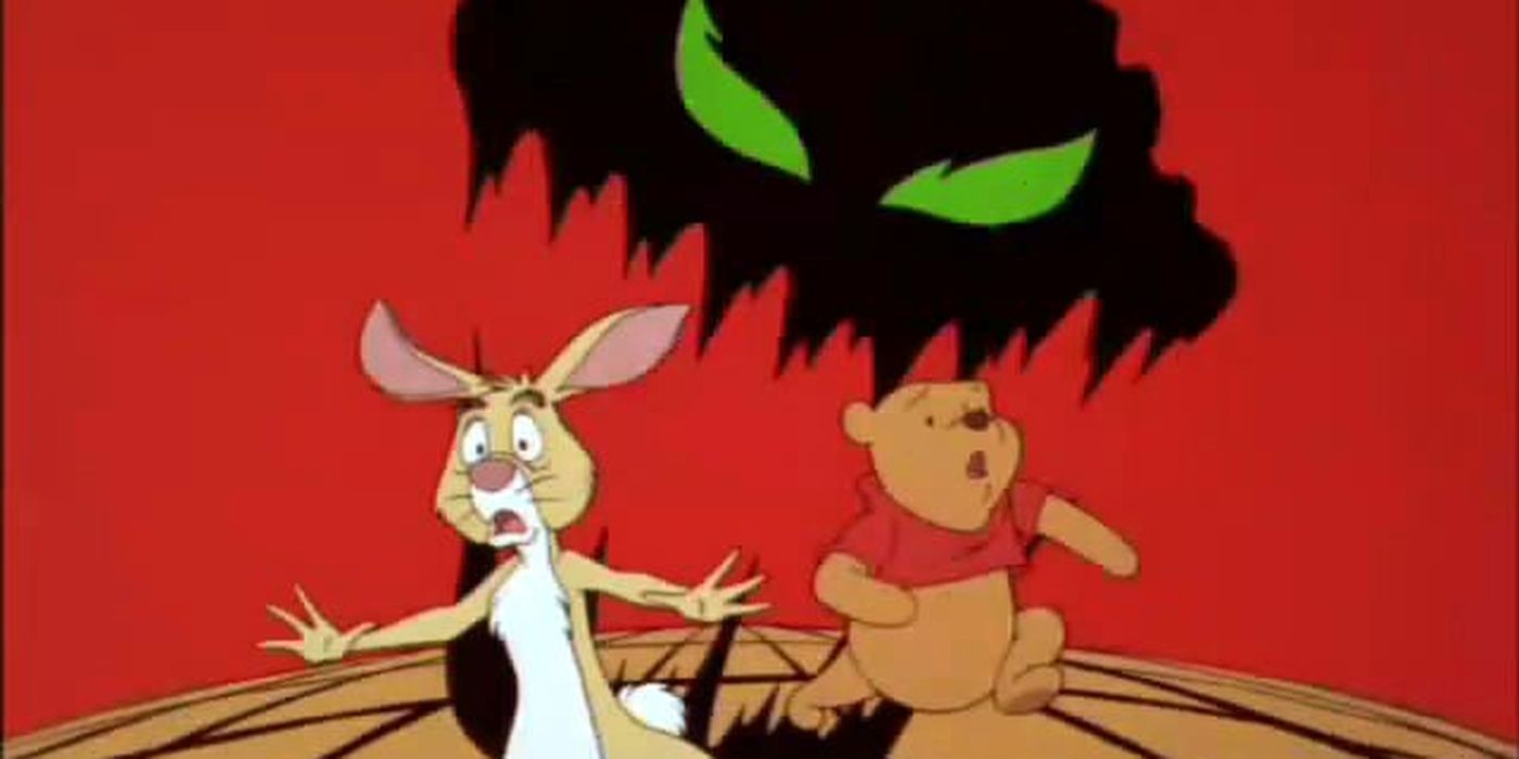 Pooh and rabbit being chased by a monster in Pooh's Grand Adventure.