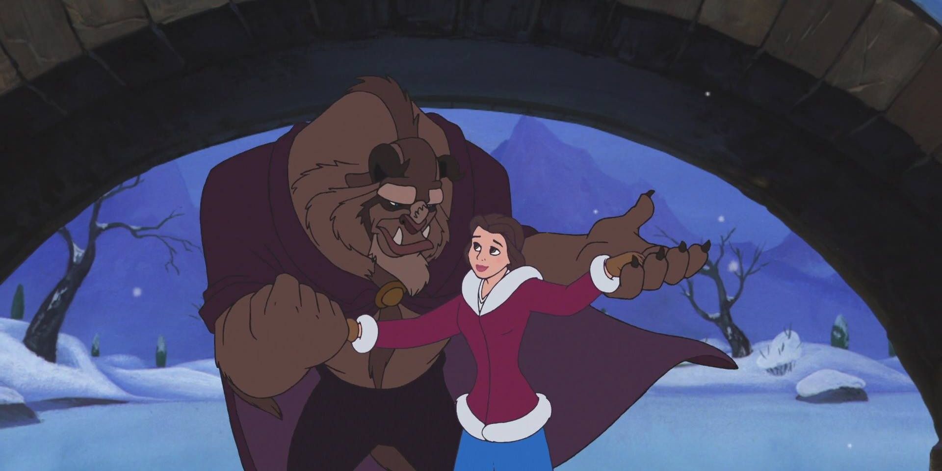 Beauty and the beast skating together in The Enchanted Christmas