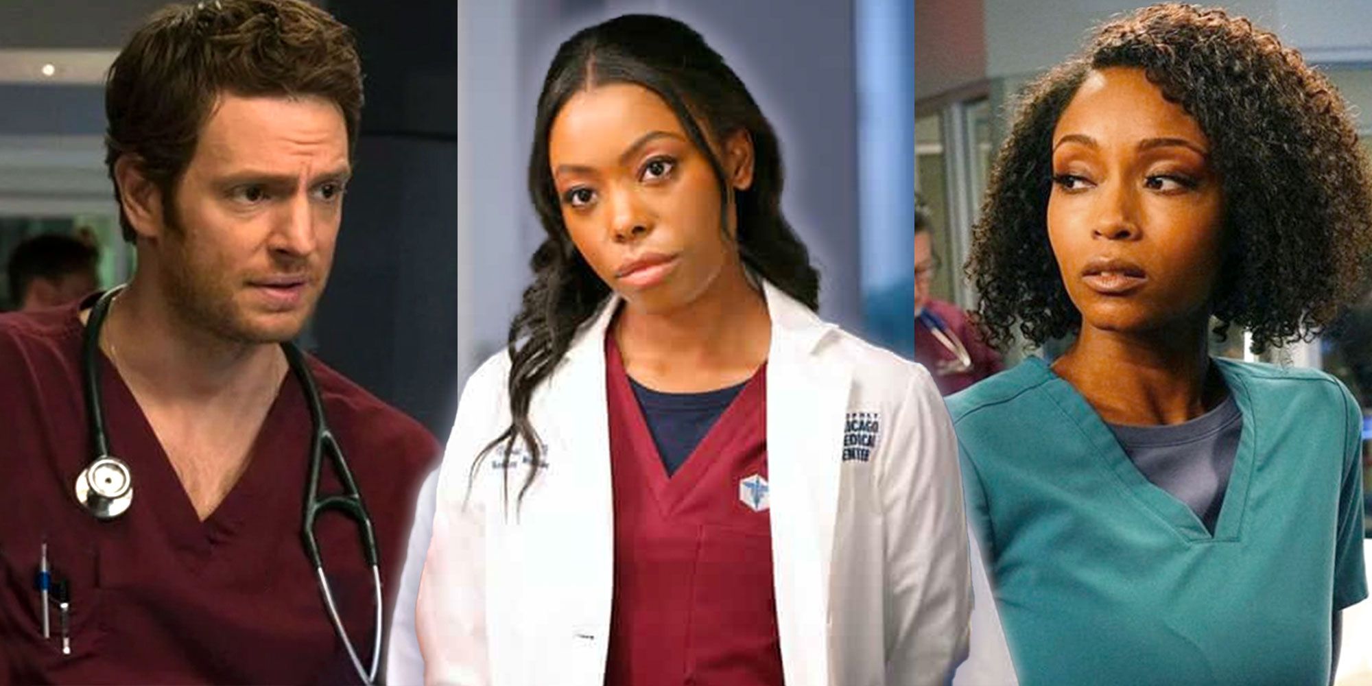 Split image of Will, Vanessa, and April in Chicago Med