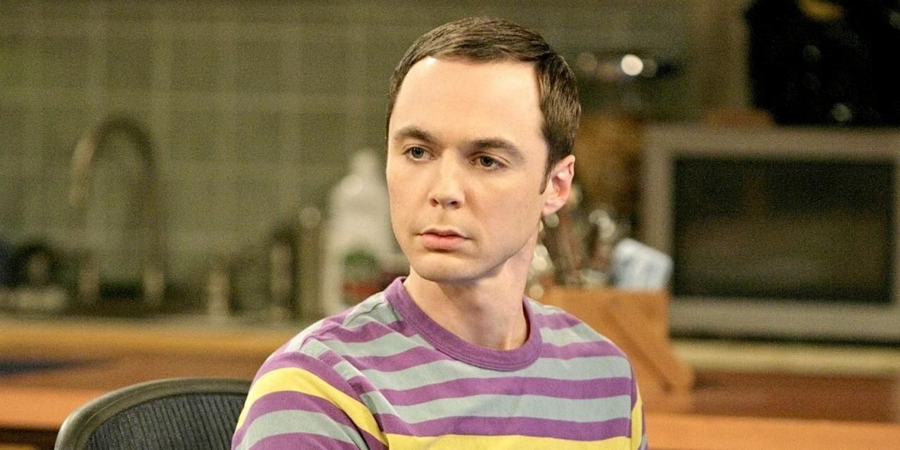 Sheldon in his desk, looking confused in The Big Bang Theory