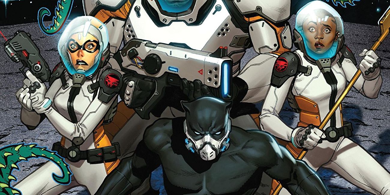 Black Panther in space with agents of Wakanda from Marvel Comics.