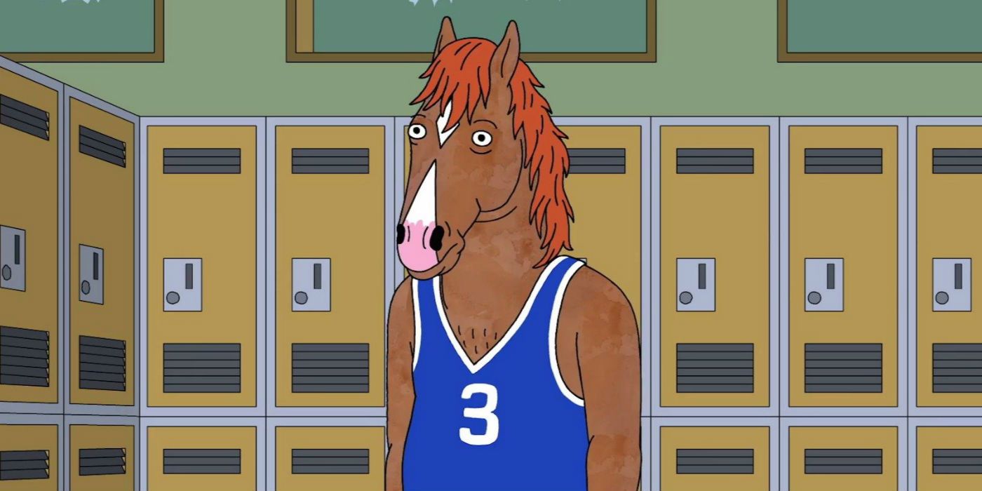 Bojack Horseman in a jersey in front of lockers in the animated series