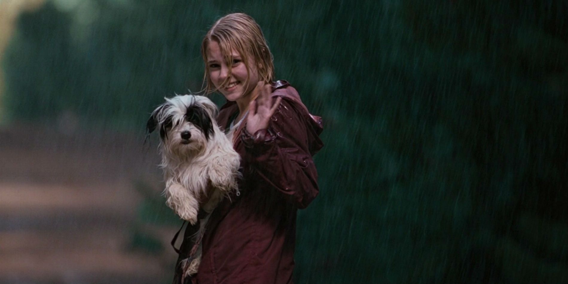 Blended image of Leslie (AnnaSophia Robb) smiles as she holds a dog in Bridge to Terabithia