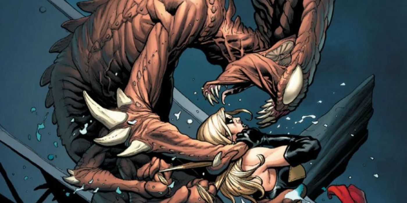 The Brood holds Ms. Marvel and roars in her face