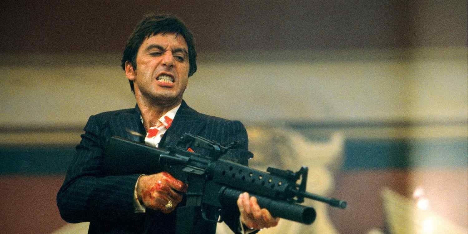 Al Pacino firing a machine gun in Scarface
