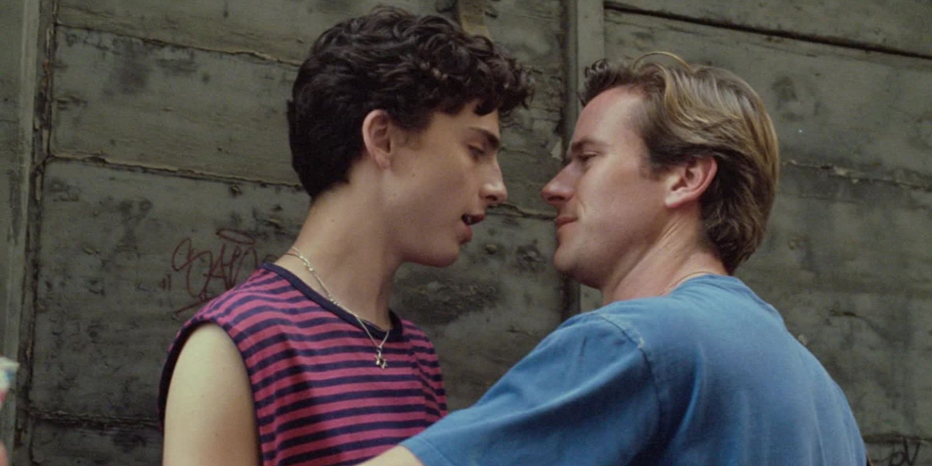 Elio and Oliver about to kiss in Call Me By Your Name.