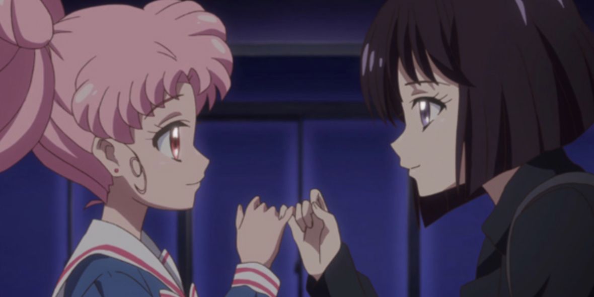 Chibiusa and Hotaru link pinkies in Sailor Moon Crystal