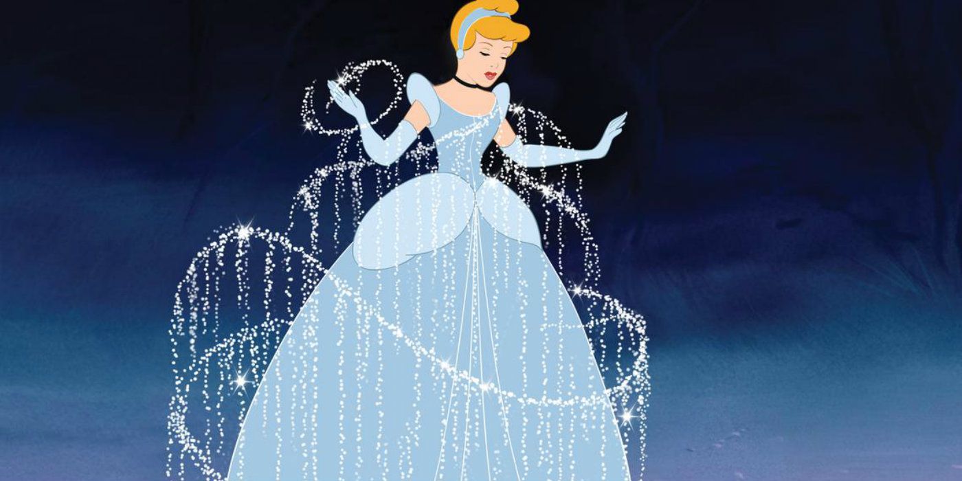 Cinderella as her ball gown forms in the Disney animated movie