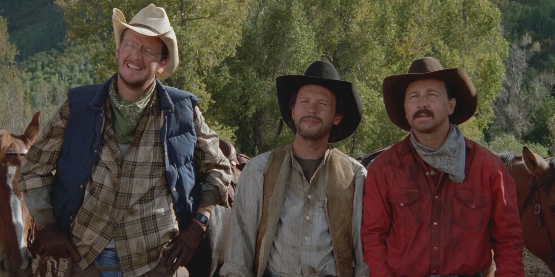 Daniel Stern, Bill Crystal and Bruno Kirby in cowboy outfits in City Slickers