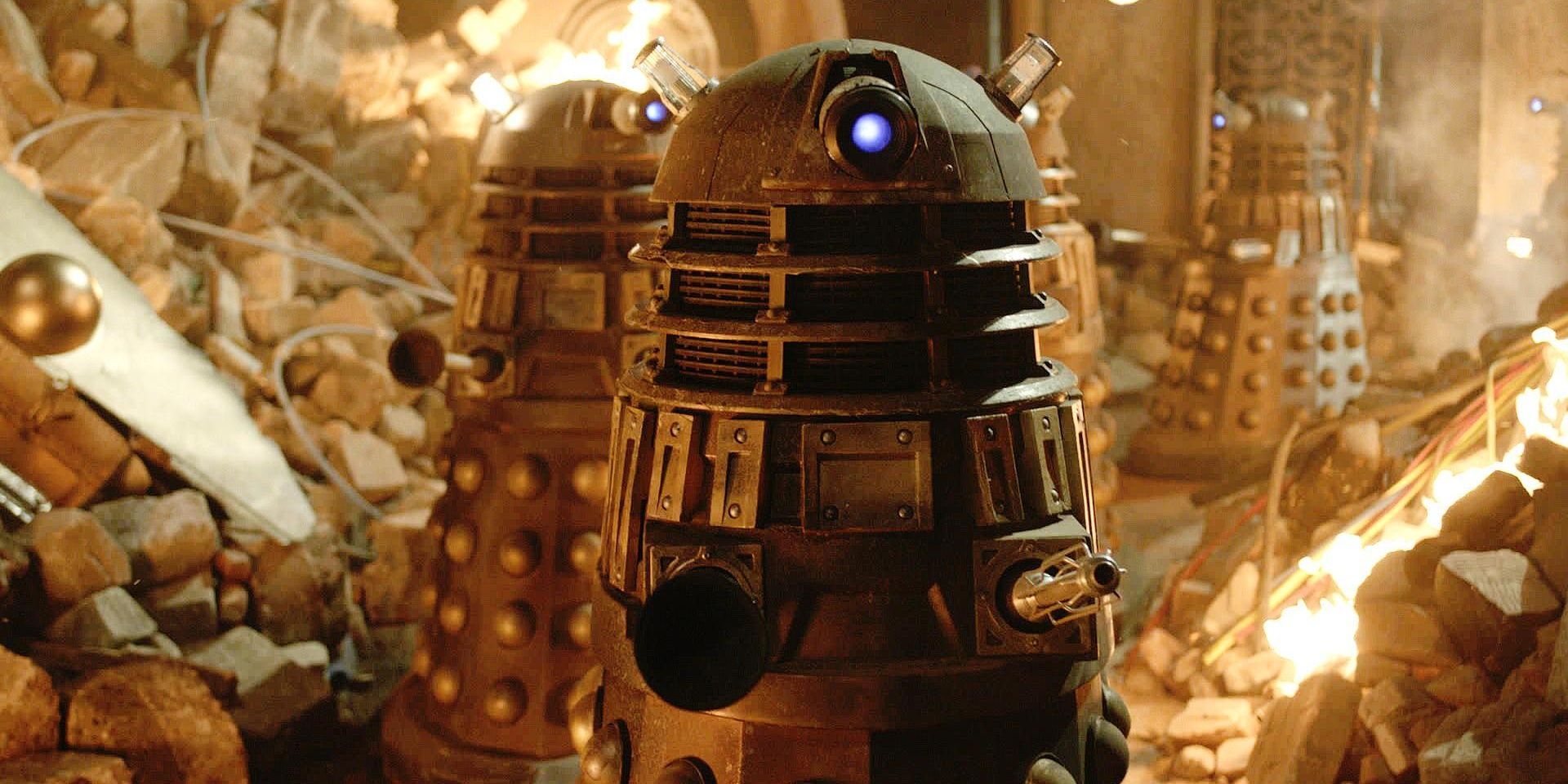 Daleks roll through the rubble of the Time War from Doctor Who