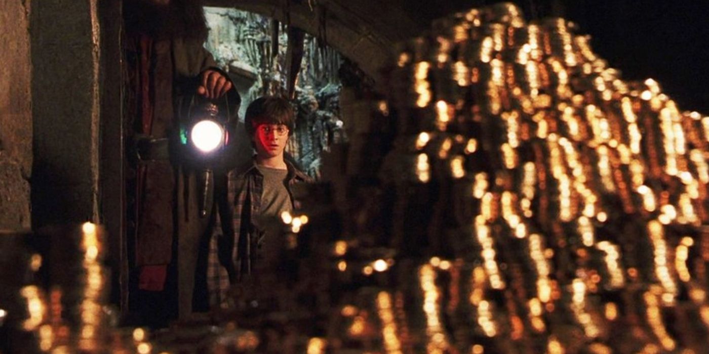 A shocked Harry enters his Gringott's vault in Harry Potter and the Philosopher's Stone