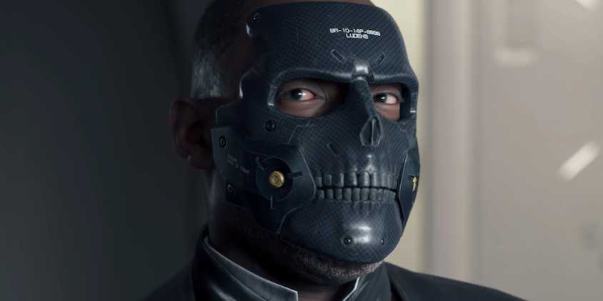 Die Hardman, wearing a skull-like mask over his face, in Death Stranding.