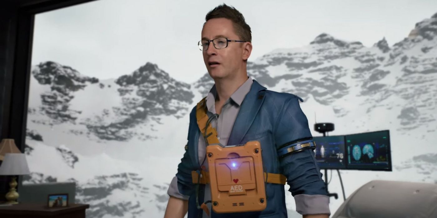 A photo of Heartman wearing medical equipment in the game Death Stranding.