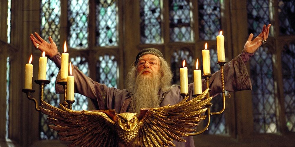 Dumbledore gives a speech to assembly in the Great Hall in Harry Potter
