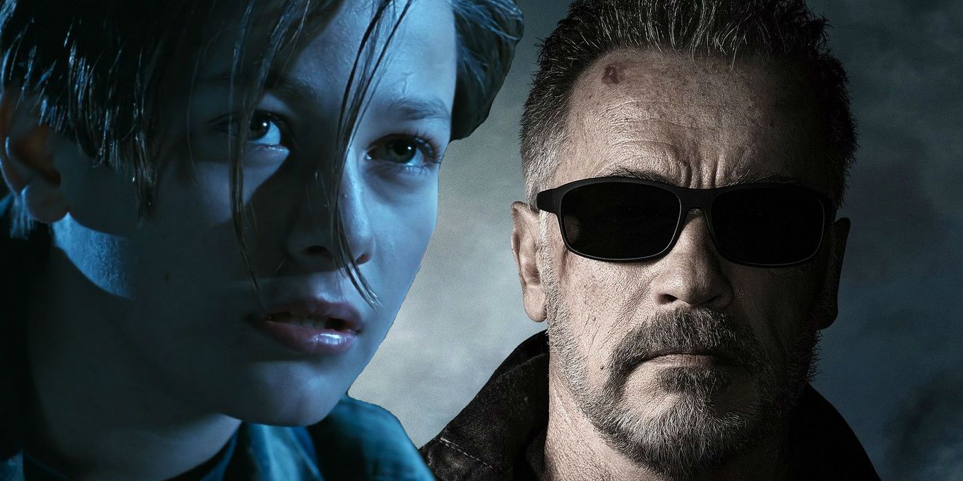 Edward Furlong as John Connor in T2 Judgement Day and Arnold Schwarzenegger as T-800 in Terminator Dark Fate