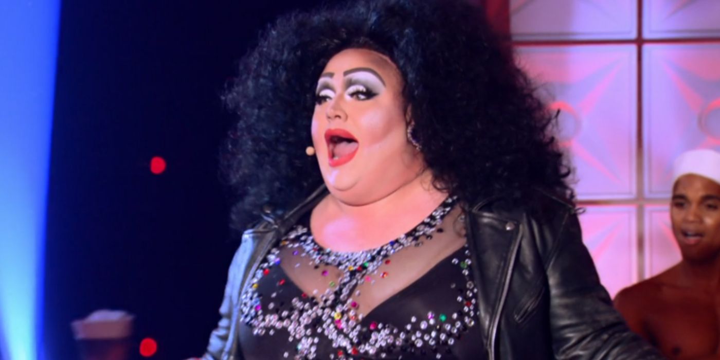 A photo of Eureka dressed as Cher in black leather in RuPaul's Drag Race.