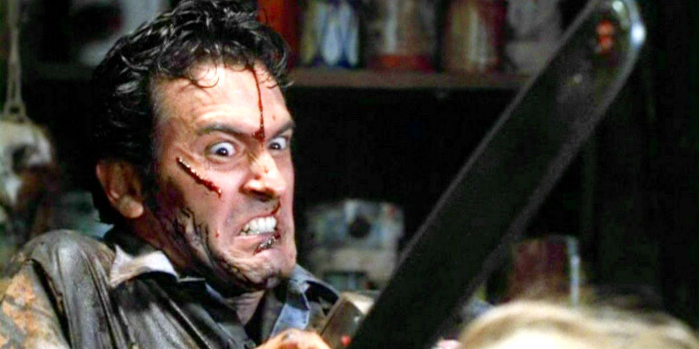 Ash fights a Deadite with a chainsaw in The Evil Dead