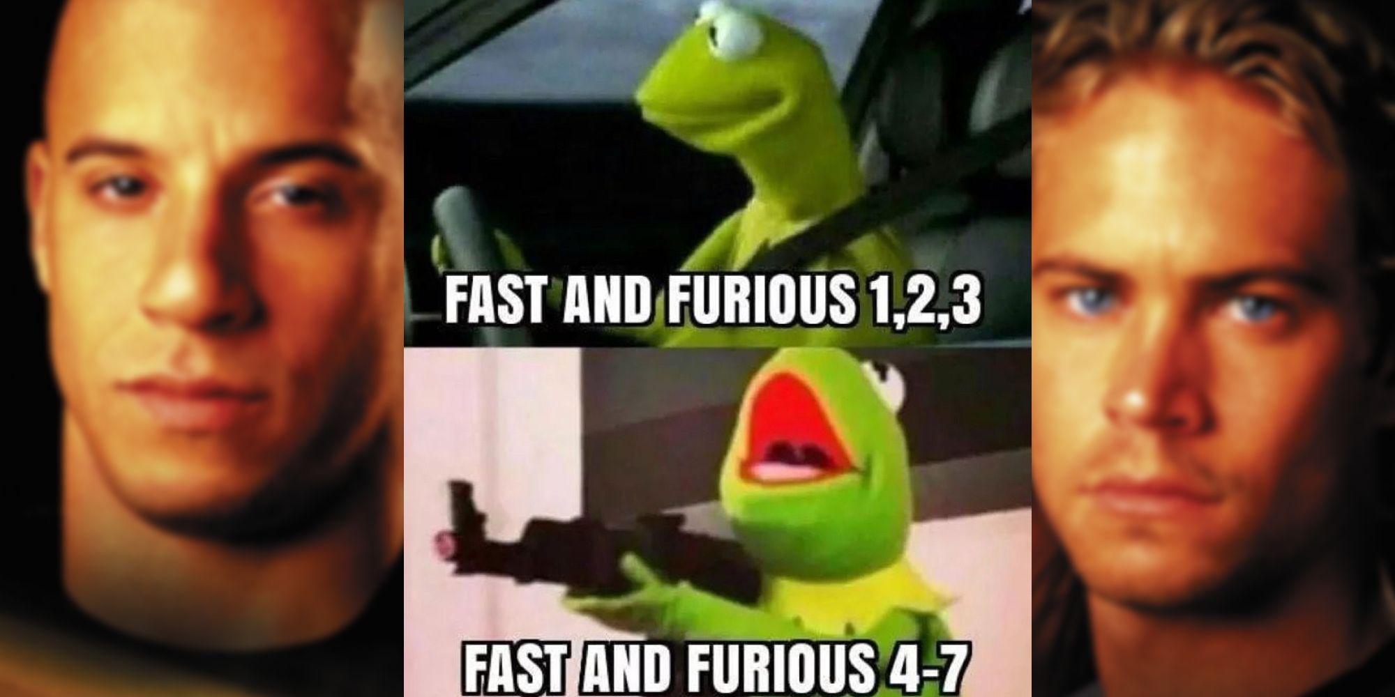 Kermit in a Fast and Furious meme.