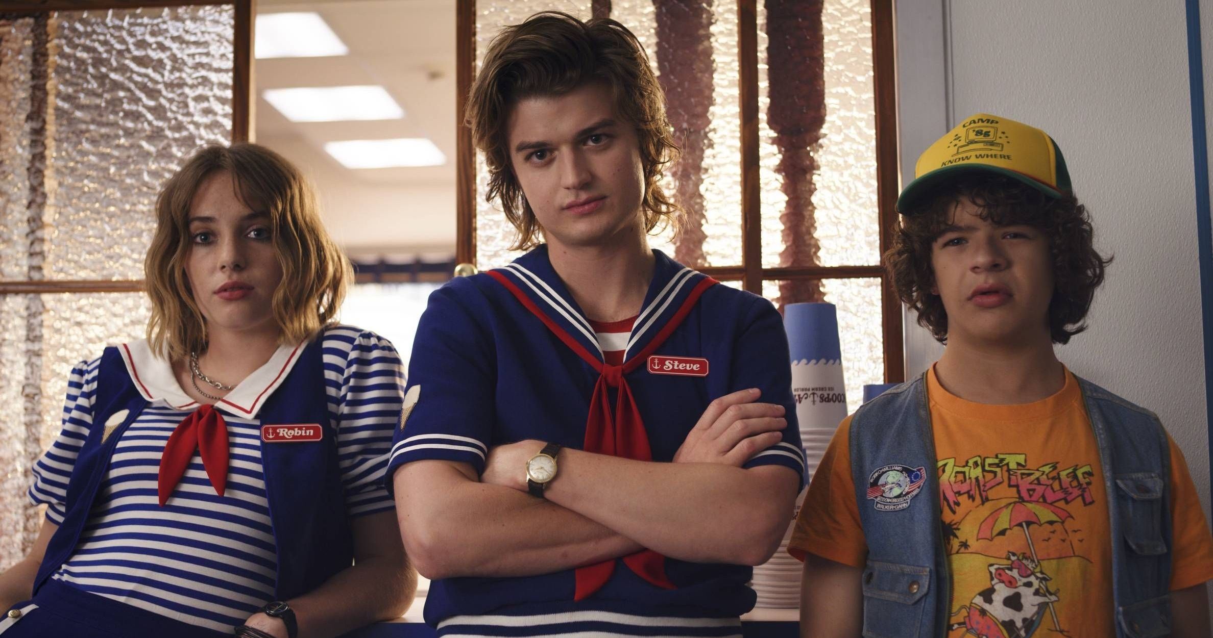 Robin, Steve, and Dustin at Scoops Ahoy in Stranger Things