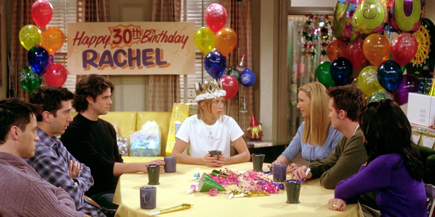 The characters of Friends at Rachel's birthday party