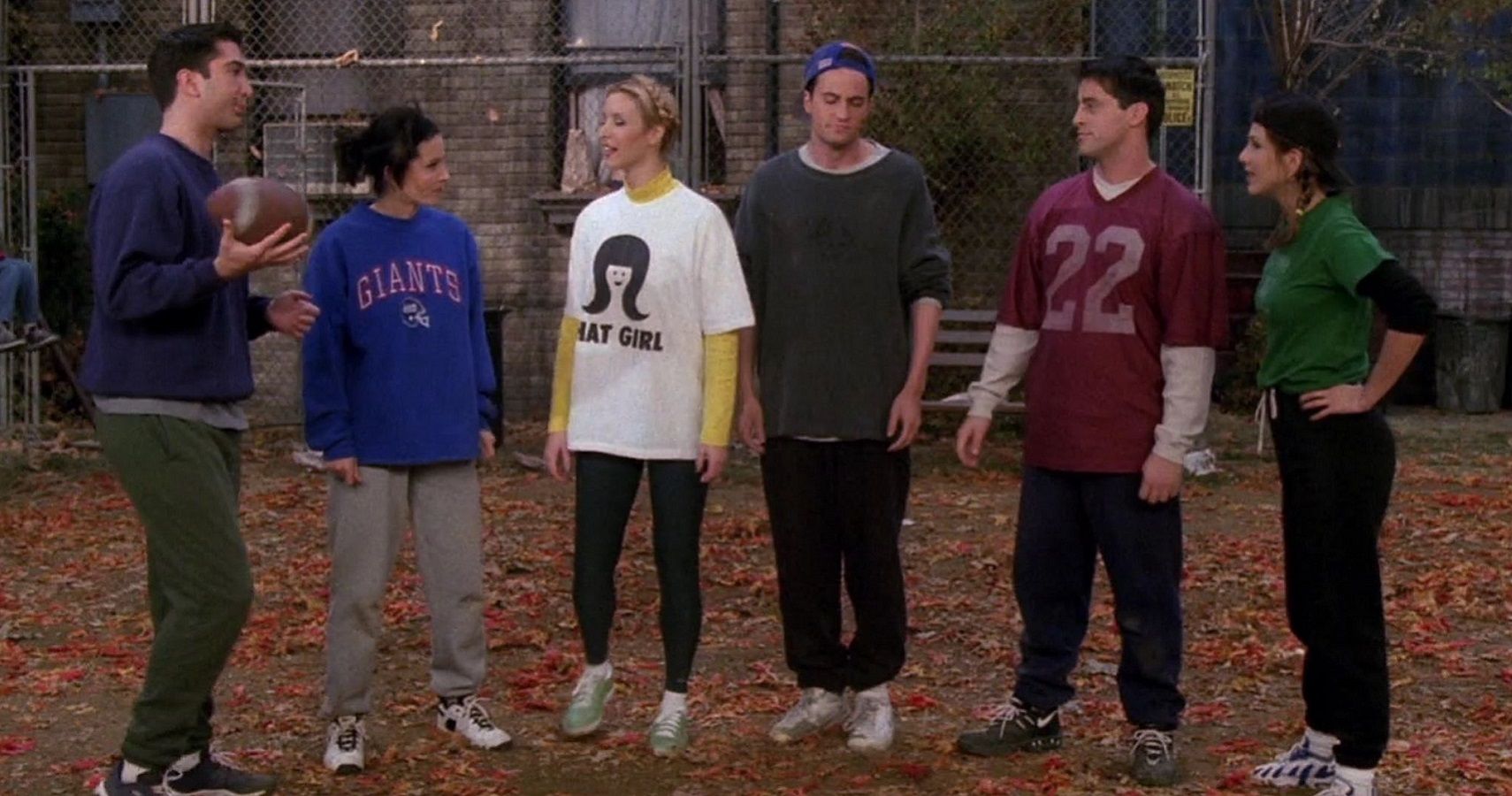 The whole gang is ready to play touch football badly on Thanksgiving on Friends.