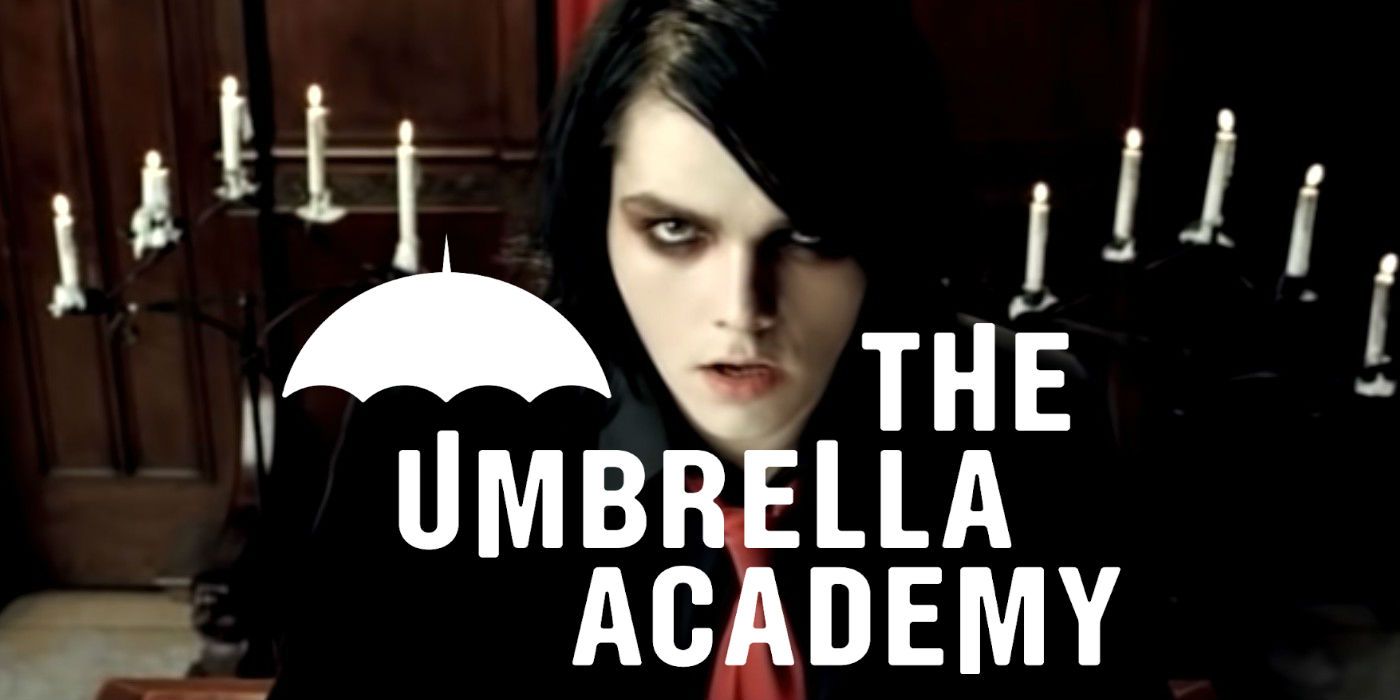 Gerard Way em My Chemical Romance Umbrella Academy logo