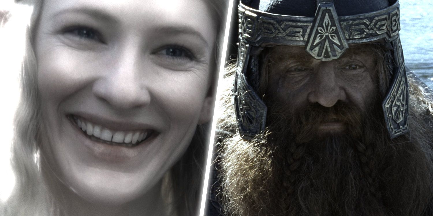 A split image showing Galadriel on the left and Gimli on the right from The Lord of the Rings. 