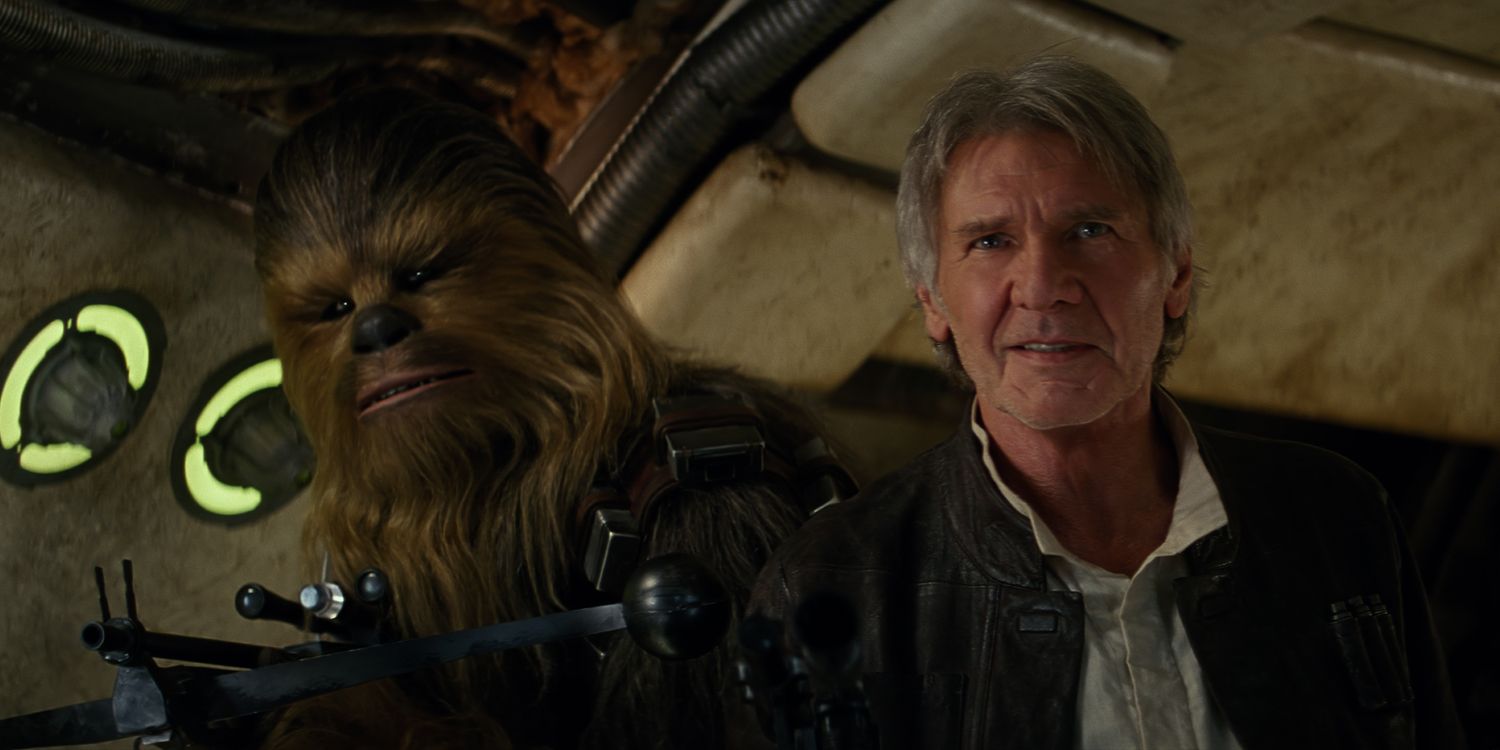 Chewbacca and Han Solo are reunited with the Millennium Falcon in The Force Awakens