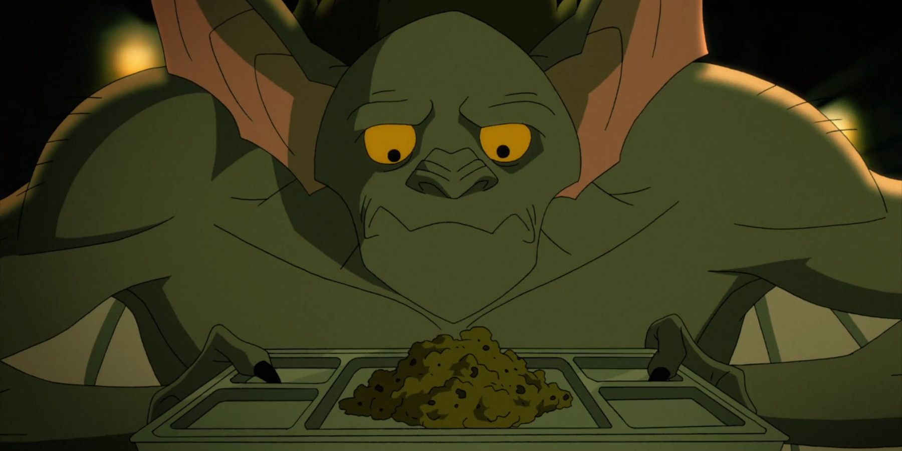 Man-Bat looking at his dinner disgusted in Harley Quinn