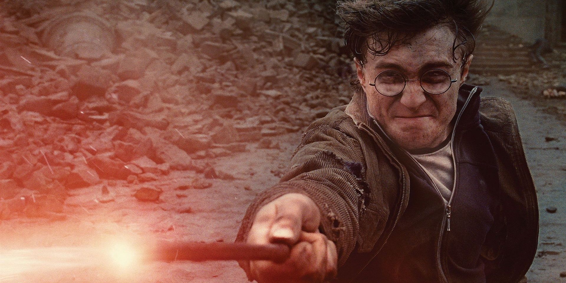 Harry fights Voldemort at the Battle of Hogwarts in Harry Potter and the Deathly Hallows
