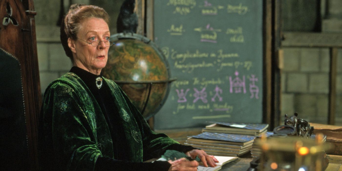 Professor McGonagall at her desk in the Harry Potter franchise