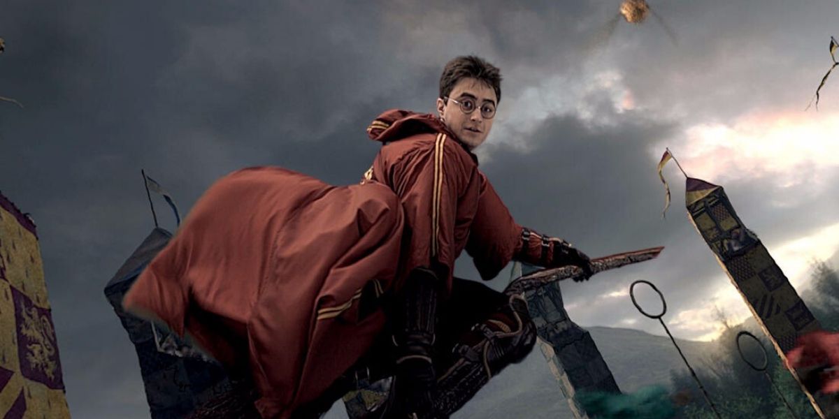 Harry playing Quidditch in Harry Potter. 