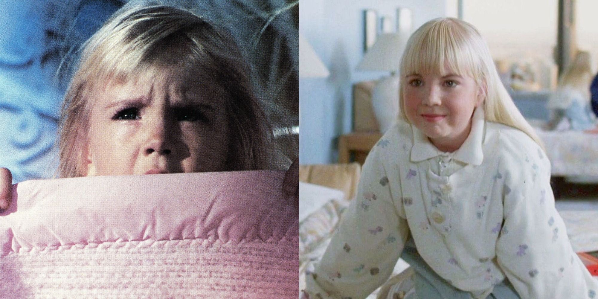 Heather O&rsquo;Rourke behind a blanket in Poltergeist and on the bed in Poltergeist III