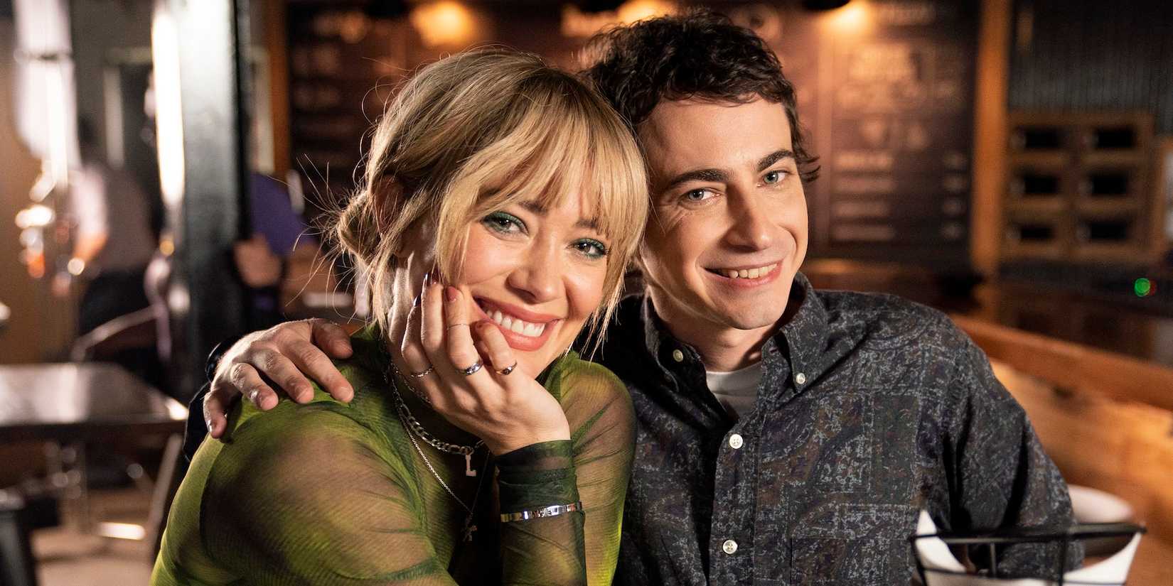 Hilary Duff and Adam Lamberg smiling for Lizzie McGuire Disney+ revival