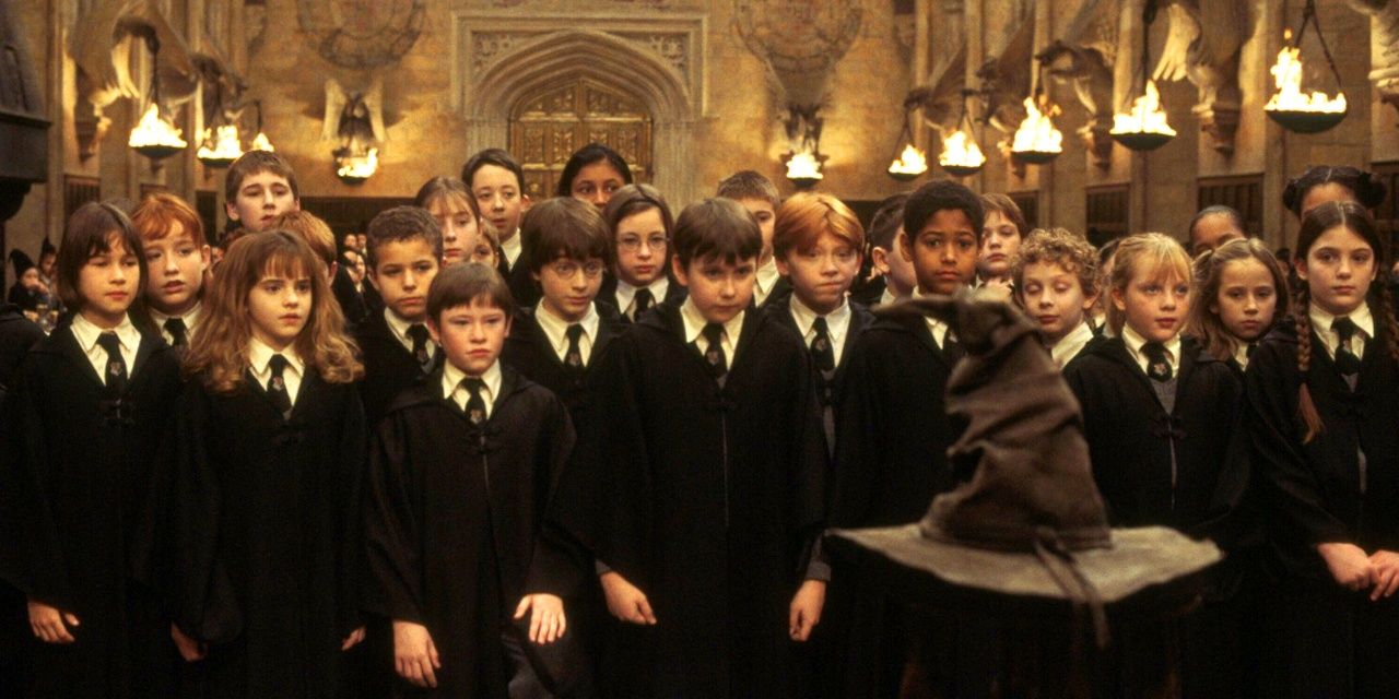 Hogwarts students getting sorted in Harry Potter