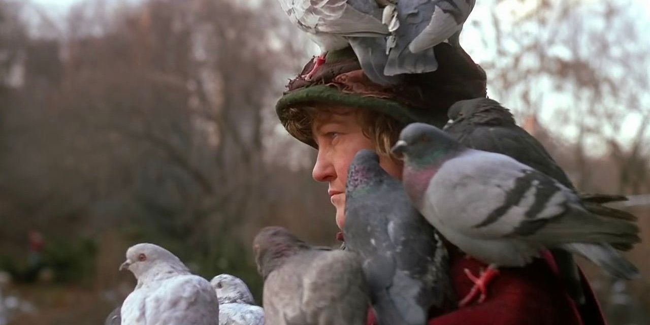 The Pigeon Lady sitting outside with her pigeons on Home Alone 2
