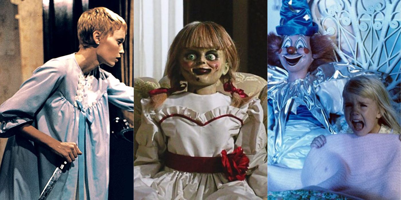 Collage of Rosemary from Rosemary's Baby, the doll from Annabelle and Carol Anne from Poltergeist