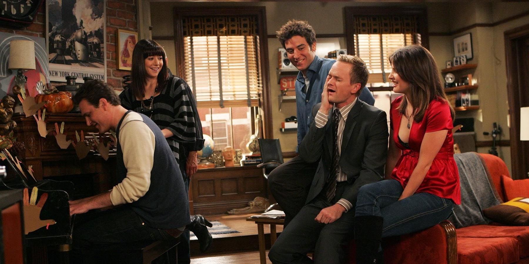 Marshall plays piano for the gang as Barney holds his face in pain