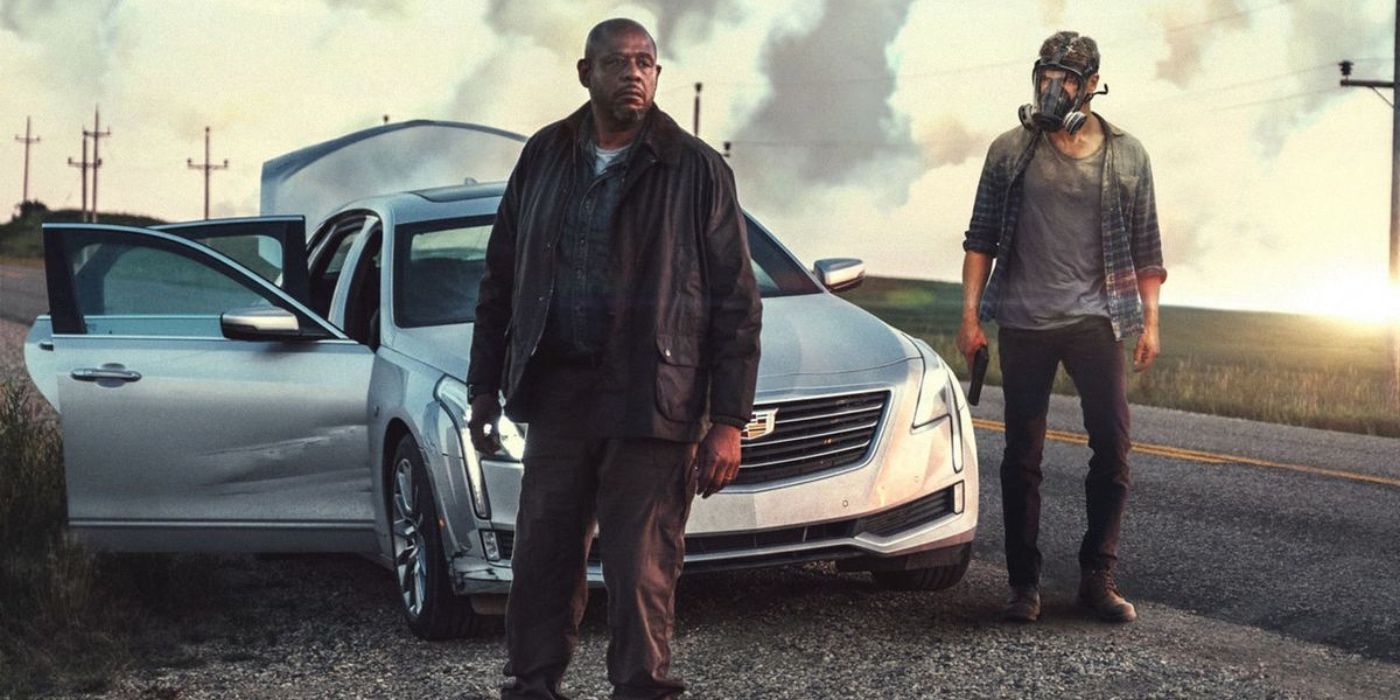 Two characters standing in front of their car in How It Ends.